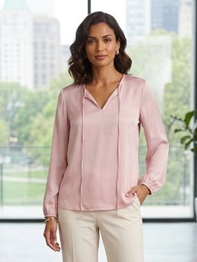 Kasper Flowy Lightweight Satin Feel Light Pink Long-Sleeve V-Neck Tie Blouse
